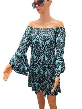 2B Together Off The Shoulde  Blue Damask Print Bohemian Resortwear Mini Dress S
